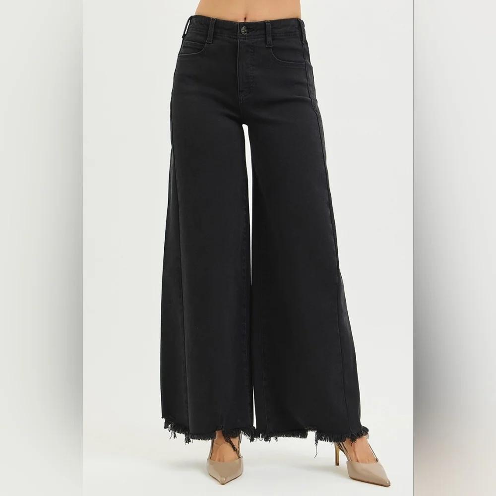 RISEN HR Tummy Control Black Palazzo Jeans Wide Leg Distressed Hems Various NEW - Picture 11 of 12